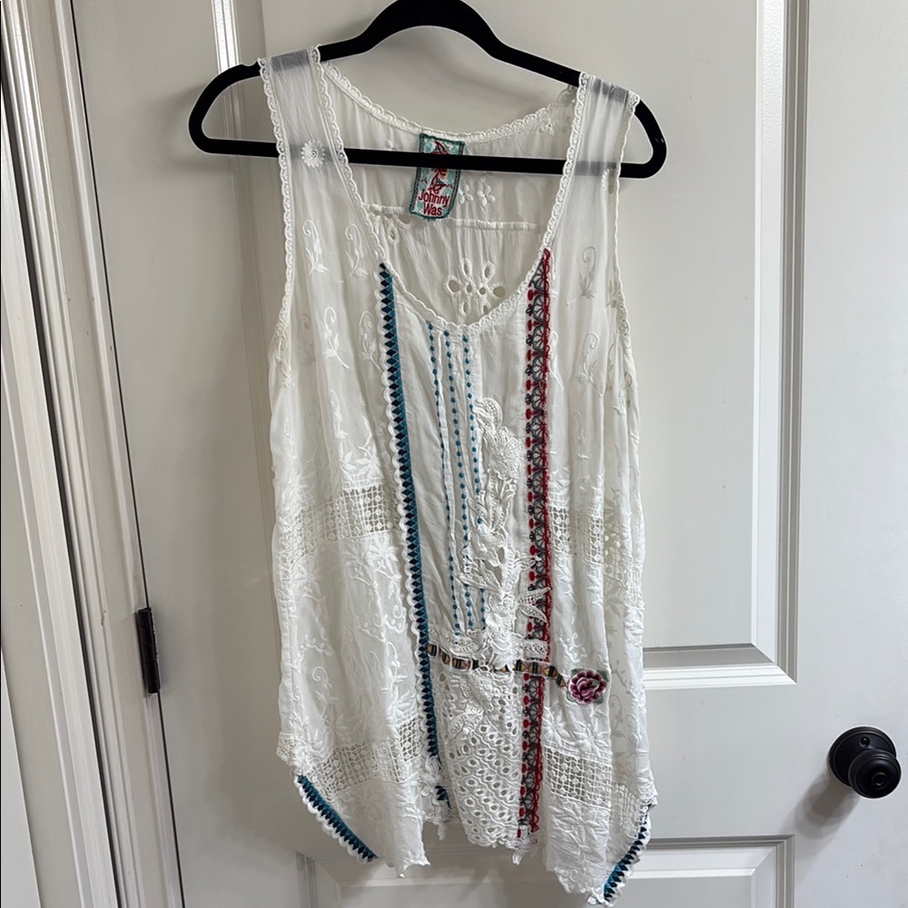 Johnny Was Cream and Blue Asymmetrical Embellished Tank Top